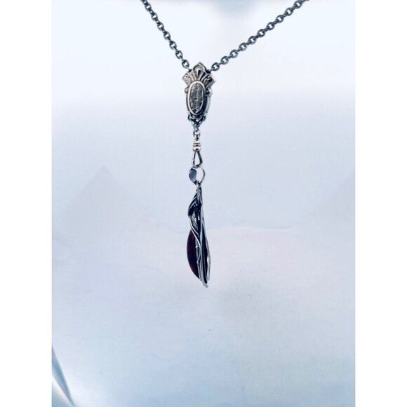 Estate Sterling Silver 925 Necklace w/ Large Amber Art Nouveau Pendant 26” - Picture 4 of 11